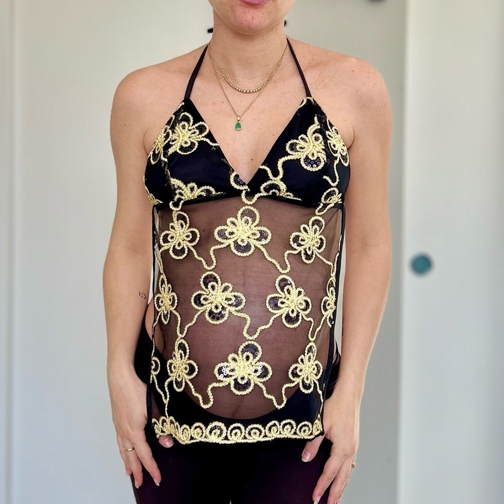 Handmade Y2K Fairycore Ibiza Gold
Embellished Halter Backless Vest Top - Small